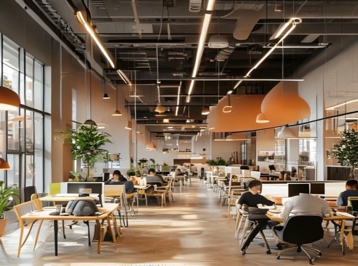 蘑菇视频官网上海总部现代化开放式办公室全景，员工在明亮宽敞的工位上专注工作，墙面挂有品牌橙棕色视觉标识，整体氛围专业而充满活力