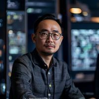 蘑菇视频官网首席技术官李明的专业形象照，男性，戴眼镜，着休闲商务装，坐在技术研发室内，背景为多块显示器，氛围专注理性