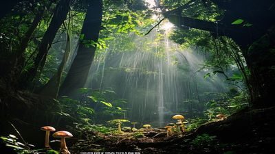 蘑菇视频官网4K纪录片《地球脉动》超清画面，雨林中阳光穿透树冠，光影壮观，自然摄影极致美感